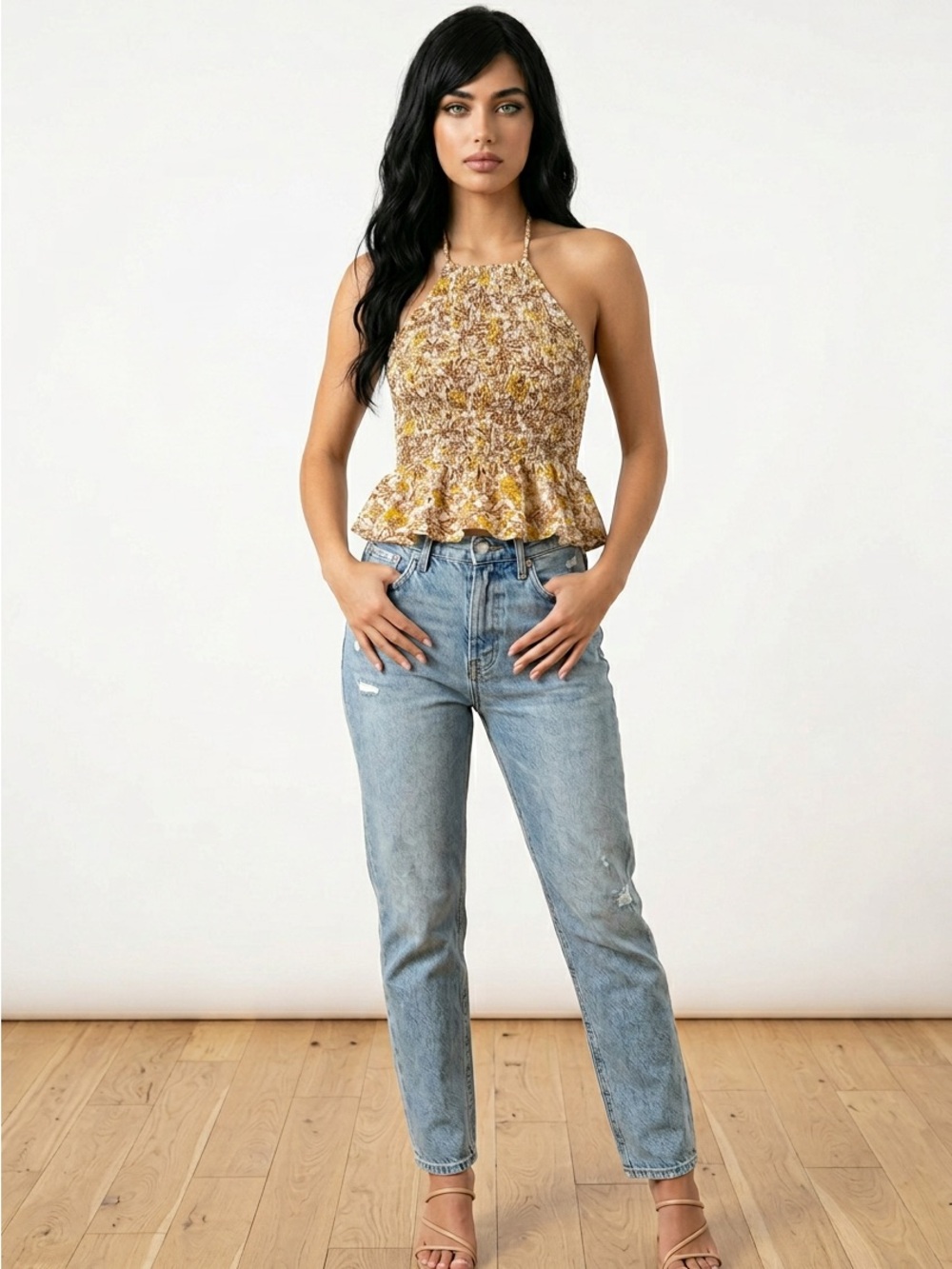 Patrons of Peace Yellow Floral Smocked Halter Tank